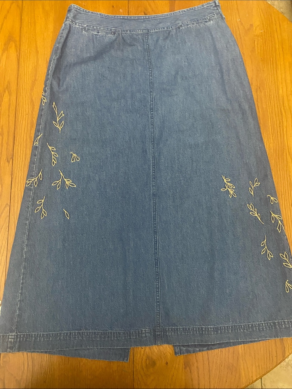 Vintage Crazy Horse Leaf Embroidered Denim Straight Midi Skirt Size 12